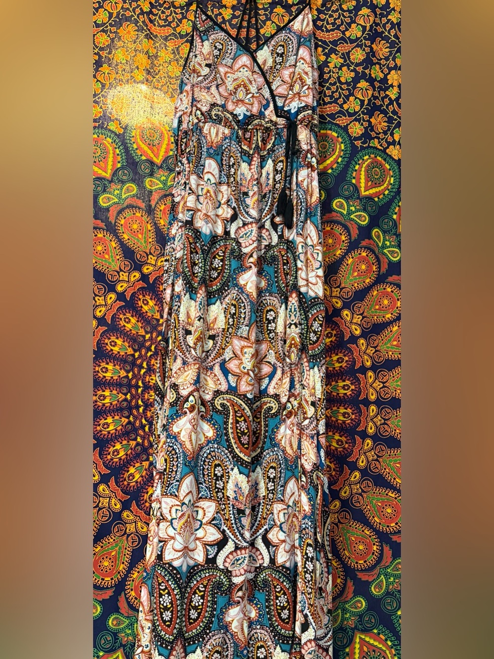 Xhilaration Blue Paisley Floral Maxi Dress with Black Trim